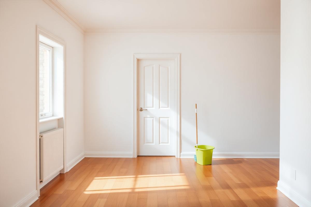 Frisch gereinigtes Wohnzimmer mit streifenfreien Böden und bereitgestellten Reinigungsgeräten nach einer Hausreinigung am Bodensee